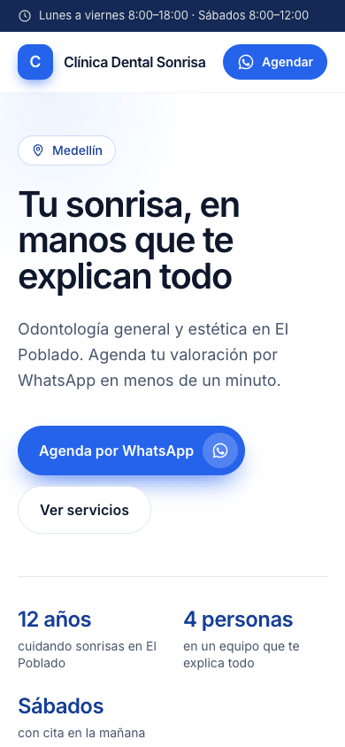 Web de ejemplo de una clínica, vista en un teléfono